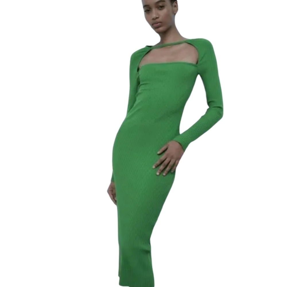 Zara Jacquard green knit midi Dress size Small